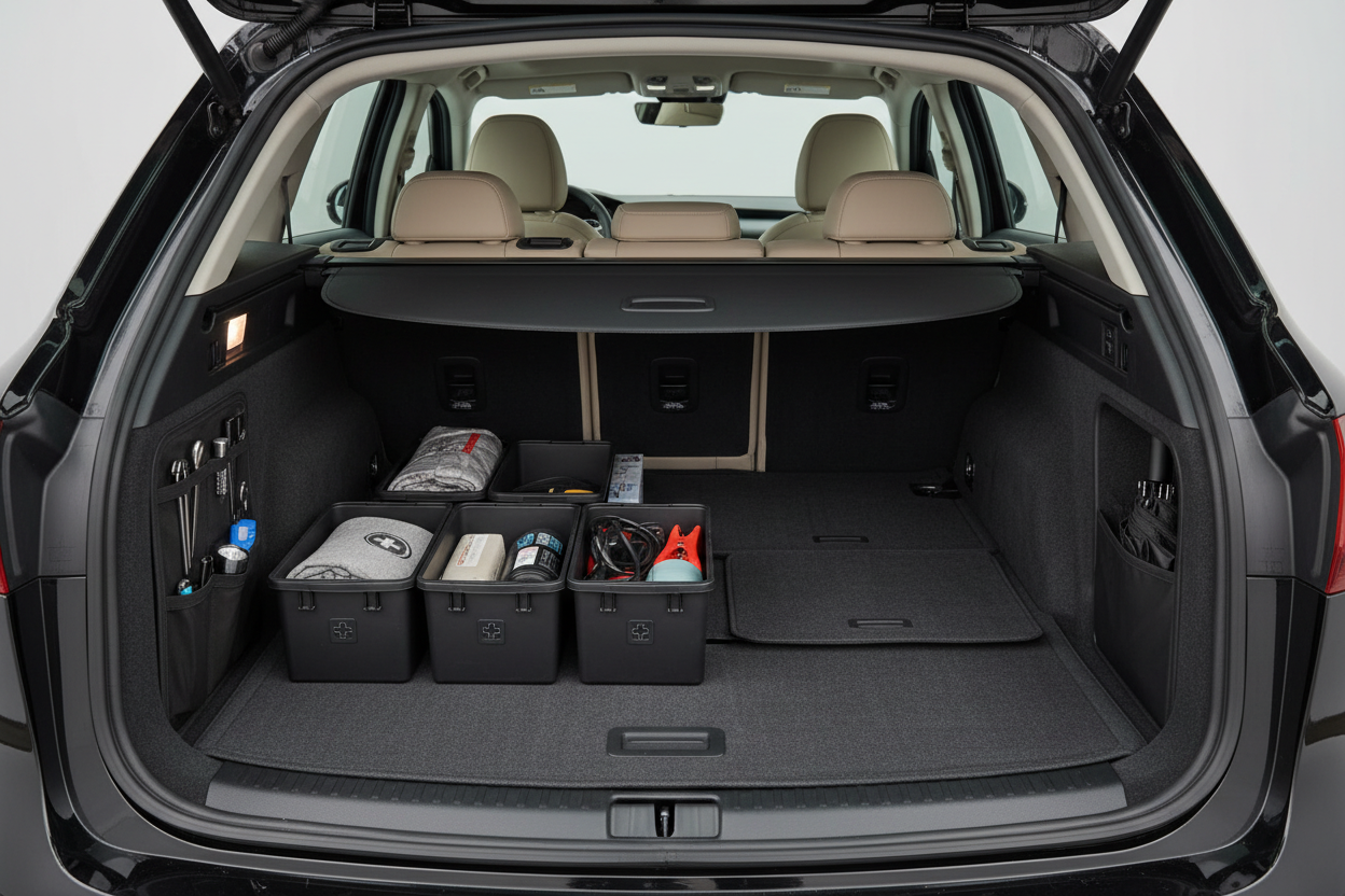 Create a clean, organized car interior showing storage solutions and compartments, focusing on the trunk/cargo area. Use a simple color palette of black with smooth, neutral tones. Minimalist and calming aesthetic. Focus on order and functionality.